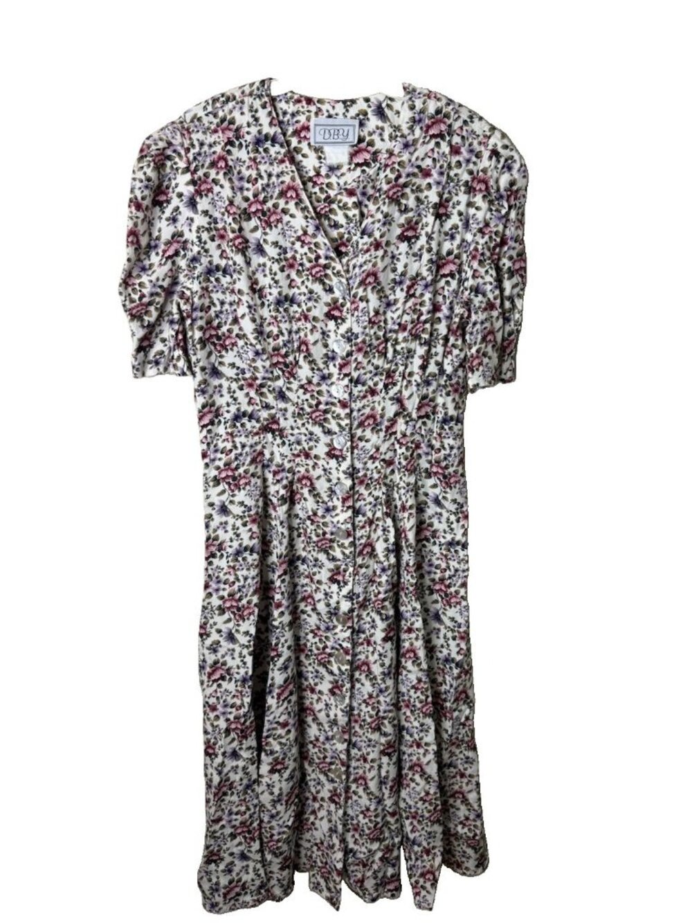 Vintage 80s Puff Sleeve Dress Floral Flowers Buttons Butter Cottage